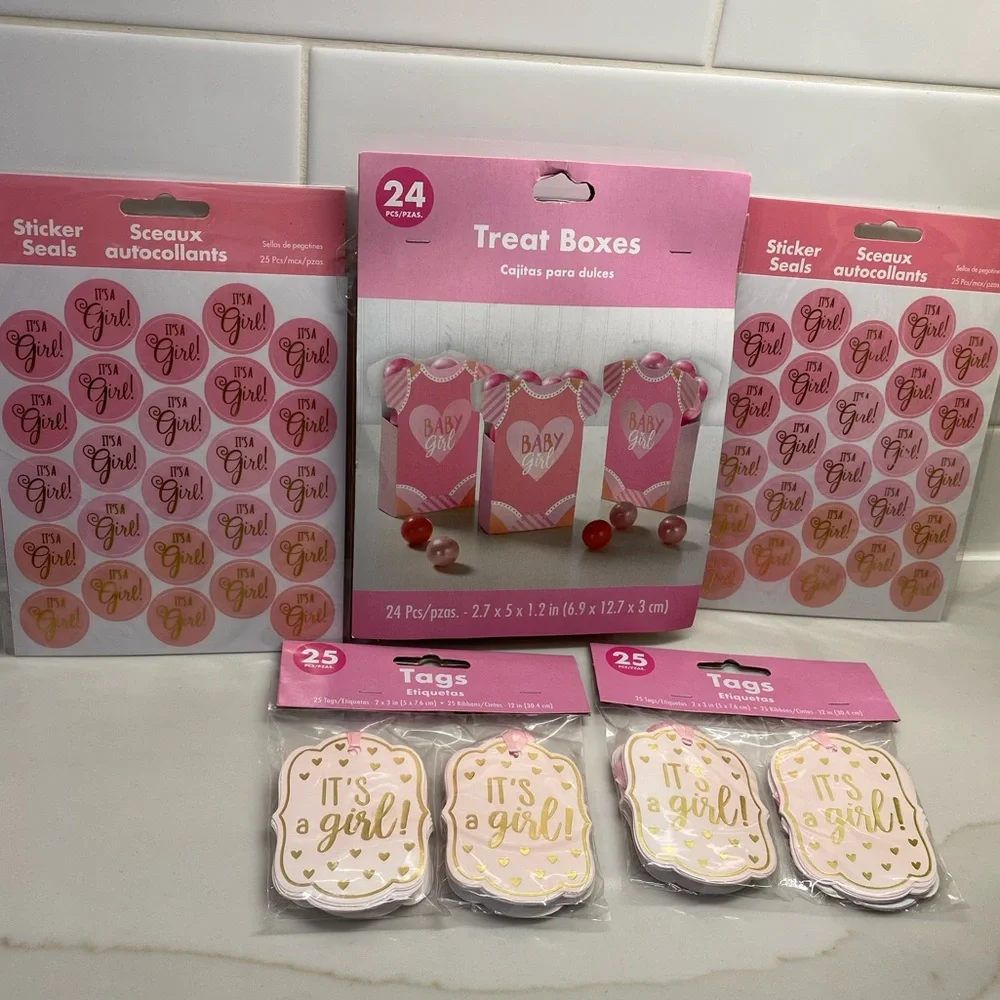 BABY SHOWER GIRL TREAT BOXES, TAGS & STICKER SEALS NEW